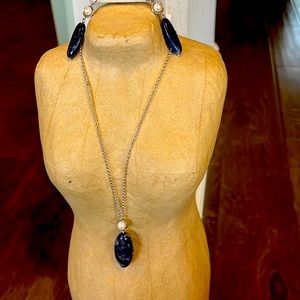 Genuine Sodalite and pearl accent necklace and earring set, sterling silver